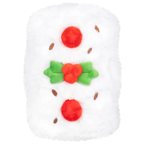 Top down view of a plush fruitcake
