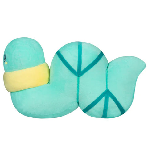 Teal worm-shaped plush with a yellow band on a white background
