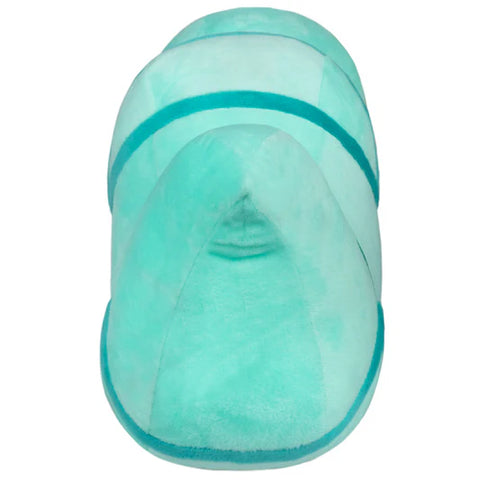 Back view of a teal plush worm on a white background