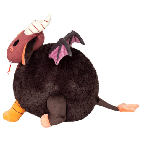 A side view of the plush jersey devil. Its body is very round.