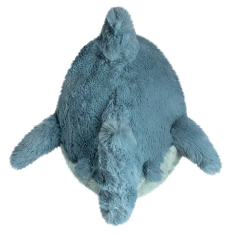 Image shows a back view of the stuffed Megalodon shark