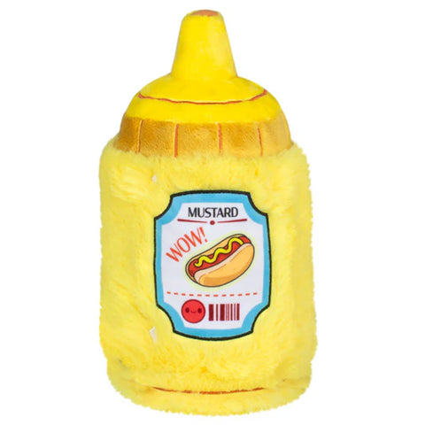 Image shows a back view of the stuffed mustard bottle