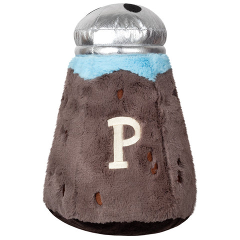 A back view of the plush peppershaker. It has a white P embroidered in the middle.