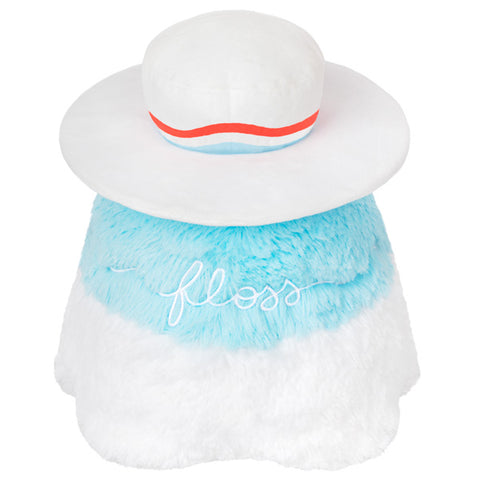 A back view of the plush dentist plague doctor. The word "floss" is embroidered in the center.