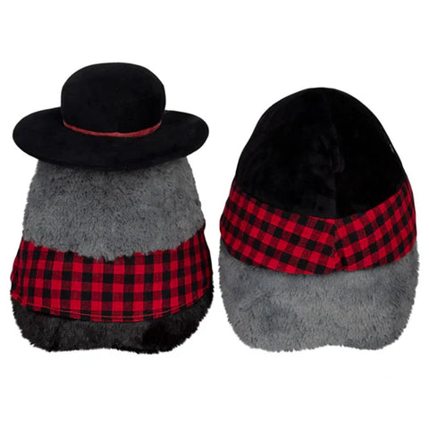 Image shows a back view of the stuffed punk rock set. They are both wearing red plaid and black hats.