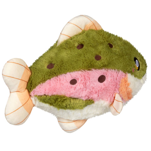 A side-angle view of the plush rainbow trout