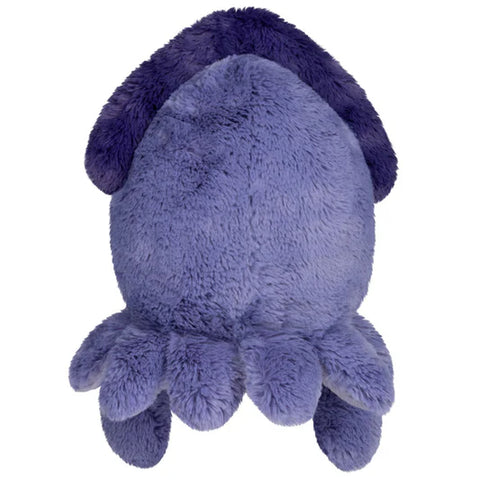 Back view of a purple plush squid toy on a white background