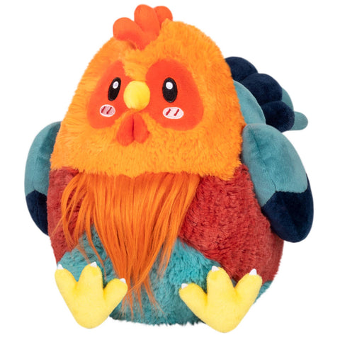 Colorful plush toy resembling a rooster on a white background