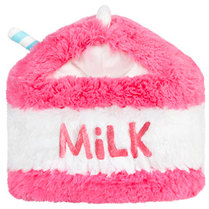 Back view of the plush strawberry milk carton. It says "milk" in pink letters.