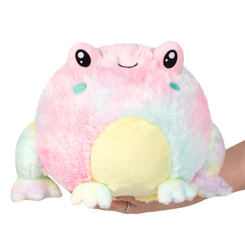 A mini tie-dye frog plush toy in a hand, with rainbow-colored patterns and a smiling face.