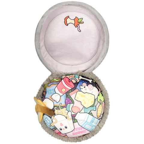 Image shows a top-down view of the stuffed trash can with the lid open. The lid is attached.