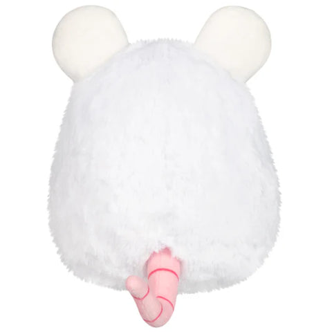 A back view of the stuffed white rat