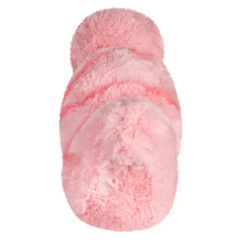 Image shows a back view of the stuffed pink worm