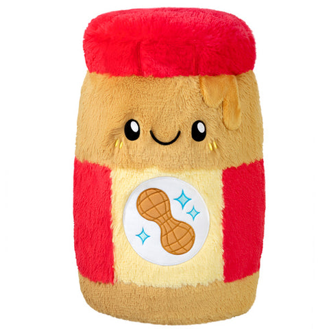 A plush peanut butter jar with a happy face and red lid and label.