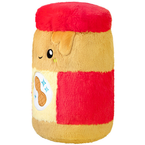 A side view of the plush peanut butter jar