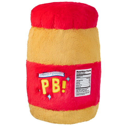 A back view of the plush peanut butter jar. It has "PB!" embroidered on the label, plus nutrition facts.