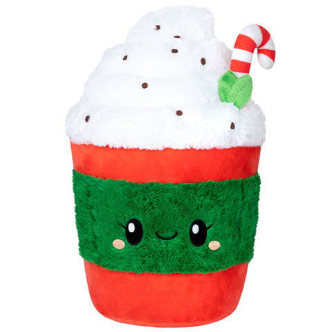 A plush toy resembling a peppermint mocha beverage with a green and red color scheme, featuring a Christmas-themed candy cane.