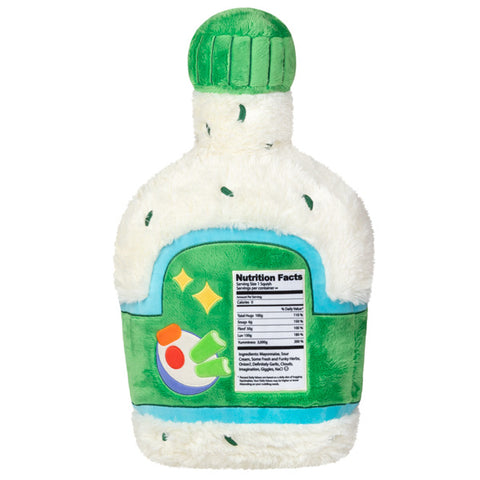 A back view of the plush ranch dressing. It has a label with nutrition facts.