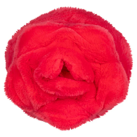 Image shows a top-down view of the stuffed red rose