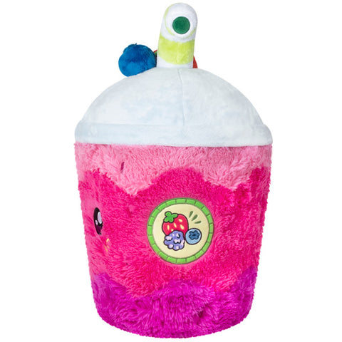 Another side view of the plush smoothie. It has an embroidered sticker with several berries.