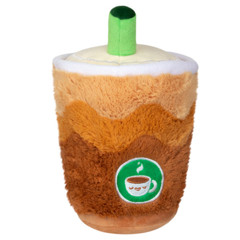 A back view of the plush cold brew. It has a green circle with a coffee cup emboridered in the center.