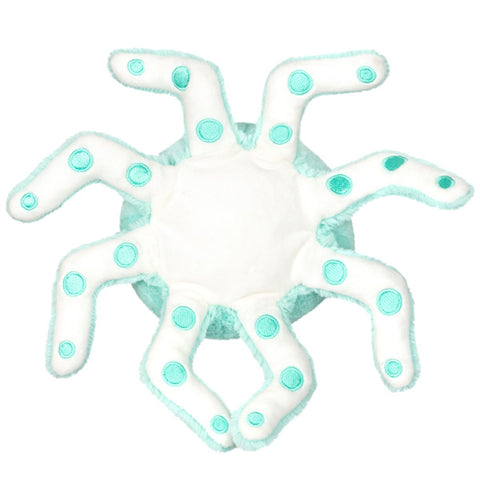 A bottom view of the plush mint octopus. It is white with mint-colored dots for suction cups