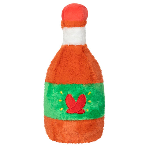 A back view of the plush hot sauce. There are two peppers embroidered into the green label.