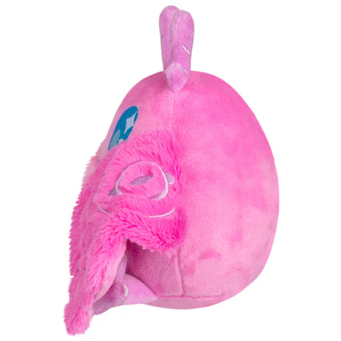 Image shows a side view of the pink stuffed baby Mothman