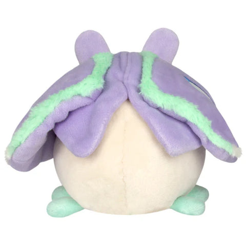 Image shows a back view of the stuffed lilac luna moth