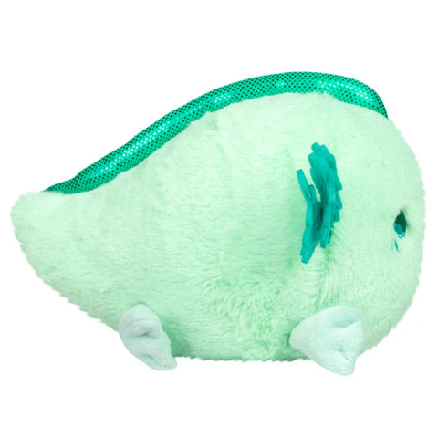 Image shows a side view of the stuffed axolotl. Its body is very round.
