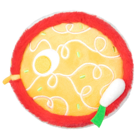 A top-down view of the plush ramen bowl, showing the ramen-like fabric