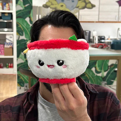 A man holds the plush ramen bowl up to his face. It is slightly smaller than his head.