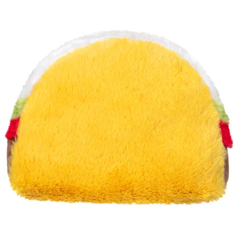 Back view of a Plush toy shaped like a taco on a white background