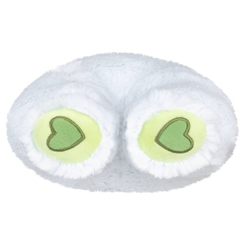 A bottom-up view of the plush nightcrawler. It has light green feet with hearts embroidered in the bottom.