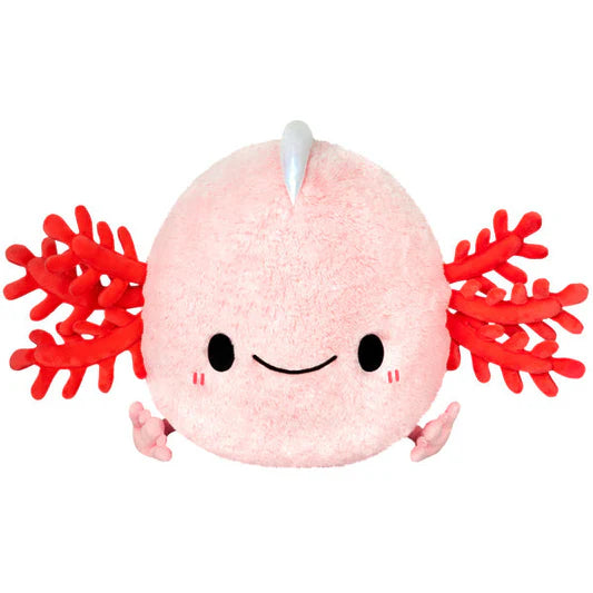 Image shows a round, pink stuffed axolotl. It has small feet and red gills sticking out.