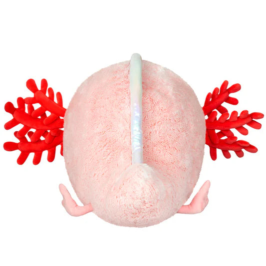 Image shows a back view of the stuffed axolotl