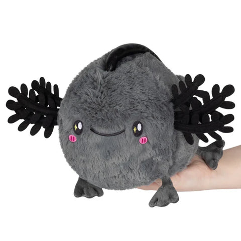 Image shows a dark grey, chubby stuffed axolotl with black gills.
