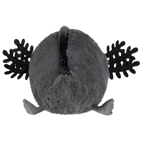 Image shows a back view of the black stuffed axolotl