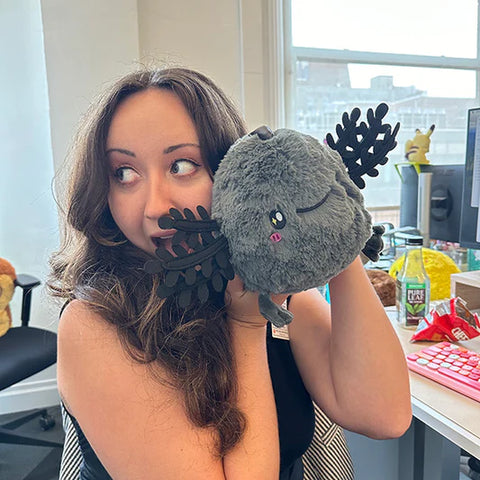 Image shows a woman holding the stuffed axolotl, which is approximately the size of her head.
