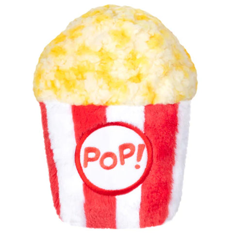 The back view of a stuffed tub of popcorn with the word "pop!" in the middle of the tub.
