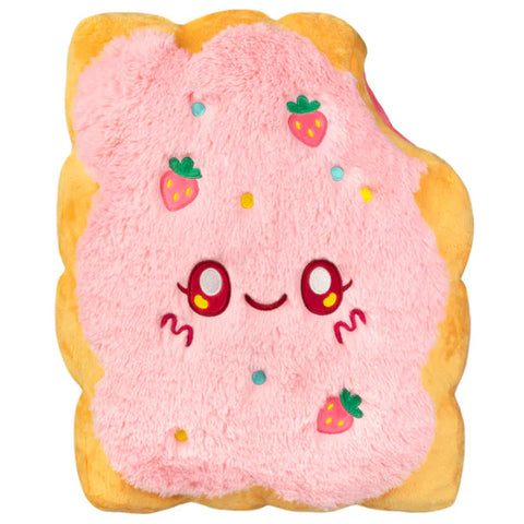 Plush toy shaped like a pink toaster tart with a face on a white background