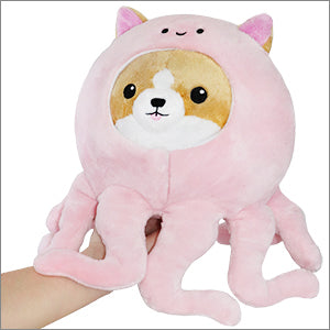 Image shows a stuffed Corgi in a pink octopus suit