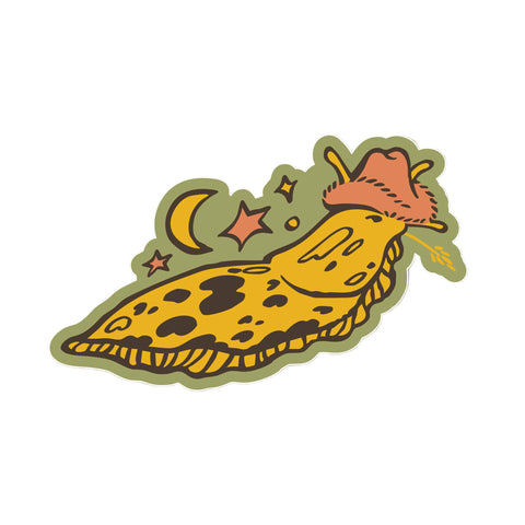Sticker illustration of a banana slug wearing a red cowboy hat