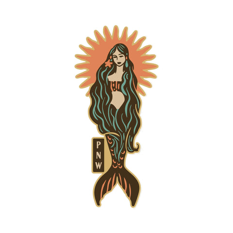 Mermaid with long hair and a tail, featuring 'PNW' and a sunburst behind her head