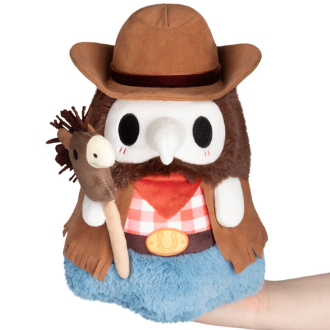 Cowboy-themed Plague Doctor. He is wearing a brown hat and jacket and holding a brown stick horse