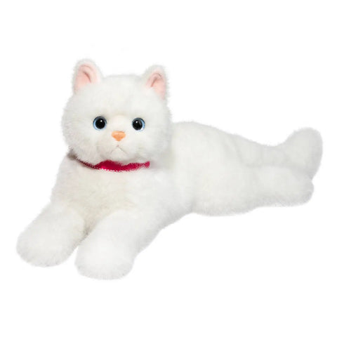 A plush white cat with pink inner ears, blue eyes, and a red collar, lying down.