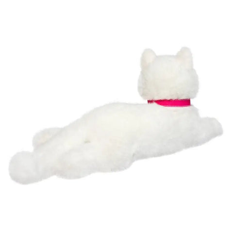 A back view of the plush white cat