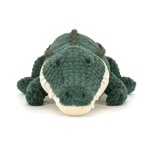 Image shows a front view of the stuffed alligator