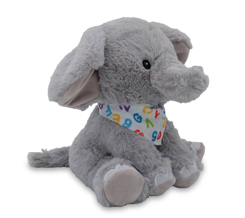 A grey plush elephant wearing a colorful alphabet bandana on a white background