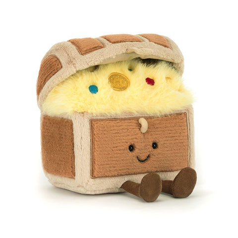 Image shows a stuffed treasure chest. It has a happy face and feet, and the lid opens to reveal treasure.